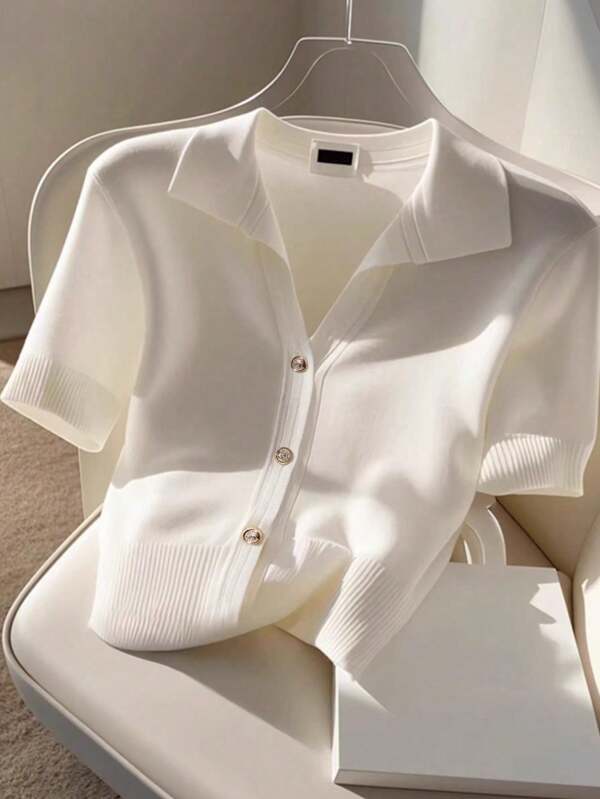 Franclia Nueva blusa de punto con cuello polo, versátil para uso casual y de oficina, estilo coreano, para mujeres, verano