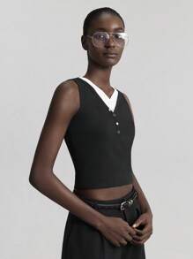 Ontre 2025 Spring & Summer Women's Sleeveless Solid Color Minimalist Fashion Suit For Business, Casual, Daily Commute, Black Color Cropped Top, Stitching Top Tank Top, Black And White Stitching Top - Black and White - View 1