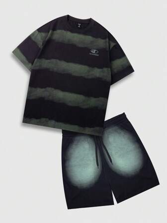 Grunge Punk 2pcs Men's Grunge Round Neck Striped Print Short Sleeve T-Shirt And Drawstring Casual Shorts Set