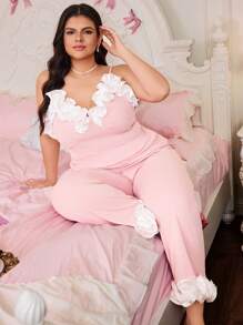 SweetSlumber 2 件套加大码甜美女孩 3D 花卉蕾丝吊带背心和睡短裤睡衣套装节日季 - 粉色 - 查看 4