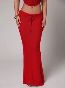 Silquee 女士红色钩针镂空弹力长裙，适合海滩度假、姐妹聚会、外出、春假、泳池派对、欧洲节日、生日 - 紅色 - 查看 6