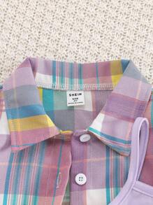 SHEIN Playful Pals Conjunto de 3 piezas para niñas jóvenes: camisa de manga larga con cuello a cuadros, top de tirantes de unicolor y pantalones cortos de mezclilla de cintura alta y elástica. Conjunto informal deportivo, suelto y cómodo, versátil para el verano. - Multicolor - Ver 6
