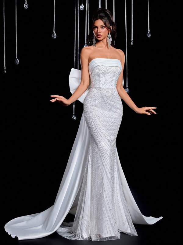 Glamrae Rochie luxoasă de sirenă, cu dantelă brodată și mărgele, din satin, cu fundă și coadă detașabile supradimensionate, potrivită pentru nuntă, ceremonie, petrecere a burlacilor, lună de miere, bal