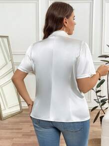 SHEIN Clasi Plus Size Women Solid Color Lapel Neck Short Puff Sleeve Elegant Blouse - White - View 2