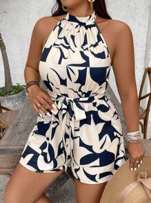 SHEIN VCAY Plus Size Women Geometric Print Tie-Waist Halter Romper - Multicolor - View 5