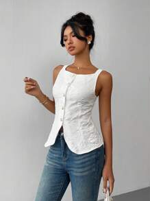 Gloray Ärmellose, elegante Damen Bluse mit Perlknöpfen vorn