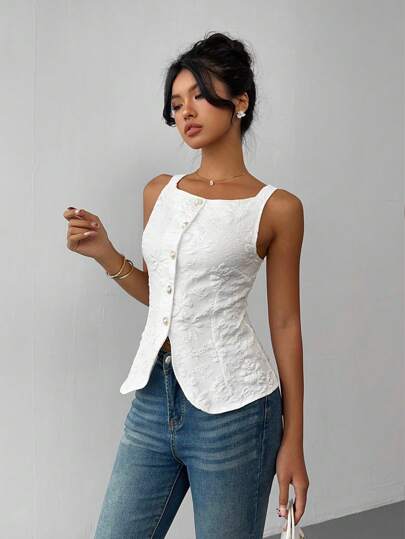 Rafferiza Sleeveless Elegant Pearl Button Front Women Blouse