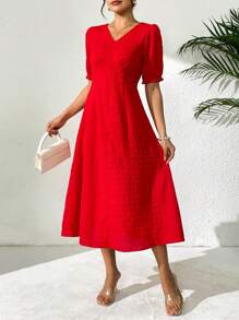 SHEIN Unity 女式纯色V领短款泡泡袖优雅连衣裙 - 紅色 - 查看 3