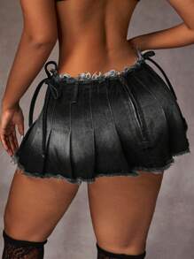 SHEIN ICON 女士时尚流苏褶皱牛仔迷你裙