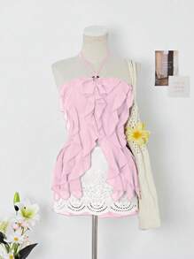 Elamini Ruffled Resin Circle Design Semi-Sheer Boho Halter Top - Pink - View 5