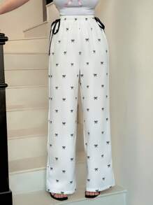 Modelyn 女士韩版休闲时尚蝴蝶结腰阔腿直筒裤 - 米色 - 查看 4