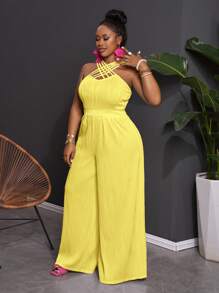 Slaydiva Plus Size Women's Elegant Criss-Cross Front Jacquard Jumpsuit, Suitable For Casual Commute And Vacation