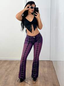 EgrlEra 低腰拼布孔眼交叉绑带做旧牛仔喇叭裤 - 紫色 - 查看 5