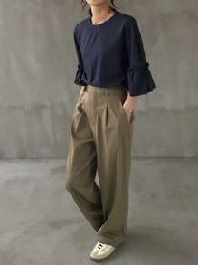 FRIFUL Áo thun tay chuông màu trơn rộng rãi thoải mái mùa hè cho nữ - Màu xanh hải quân - Xem 2