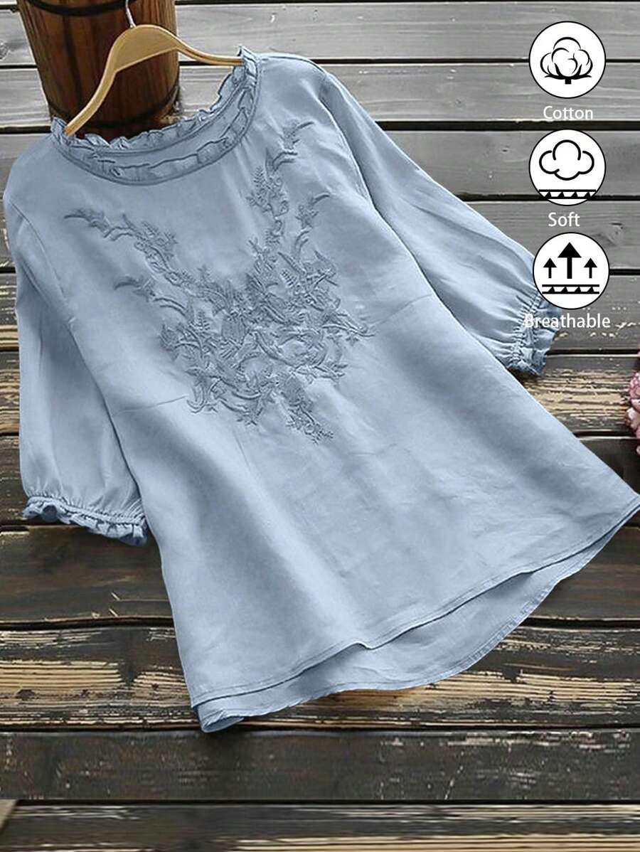 SHEIN LUNE 女式短款圆领孔眼刺绣衬衫 - 藍色 - 查看 1