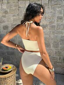Swim Lushoire 2 قطعة توب كامسول مزخرف بشكل زهري من الدانتيل البيج ومجموعة بكيني ، جميل وأنيق للربيع والصيف، للعطلات والحفلات الشاطئية - متعدد الألوان - مشاهدة 3