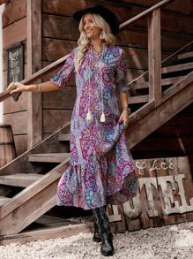 LanaWest Women's Bohemian Style Printed Mid-Sleeve Dress,Ladies Boho Fringe,Ruffle Hem Half Sleeve Tie Neck Loose Long Multicolor Flounce Sleeve All Over Print,Paisley Smock Women Long Dresses,Spring/Fall,Casual Daily Wear Maxi Women Outfit - Multicolor - View 1