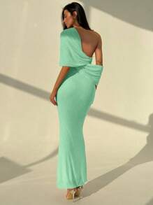 Aloruh 女士优雅纯色不对称领口鱼尾下摆长裙，夏季 - 薄荷綠 - 查看 2