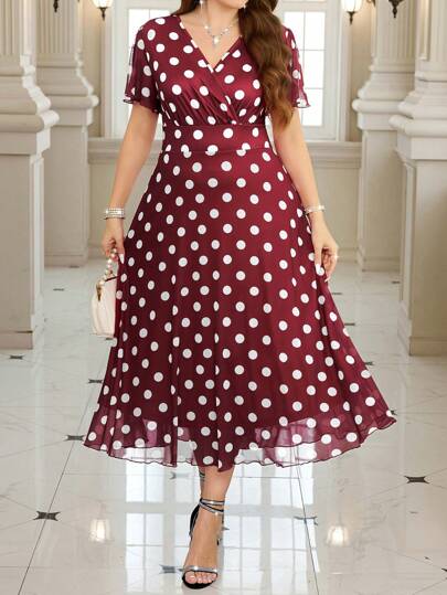 SHEIN Clasi Red Base With White Polka Dot Net Mesh Waisted Plus Size Women's Dress, Elegant Romantic Outfit For Spring