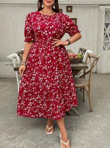 SHEIN VCAY 大码女式碎花泡泡短袖优雅度假迷你连衣裙