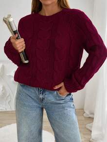 EURMUSE Pulover cu guler rotund și model tricotat cu cabluri în culori solide pentru femei