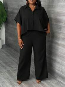 Slaydiva Conjunto de 2 piezas de camisa y pantalón de unicolor talla grande para mujer, elegante, uso diario y para ir a la oficina, estilo casual informal