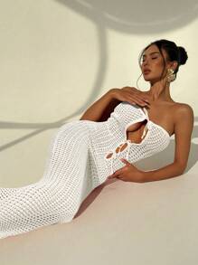 Aloruh 女士度假性感露肩镂空系带腰部修身露背美人鱼连衣裙 - 白色 - 查看 3