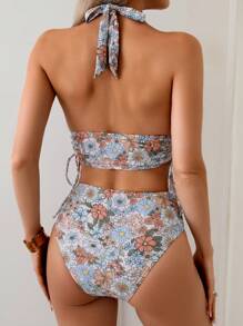 SHEIN Swim Women 2 Pieces Set: Random Floral Print V-Neck Spaghetti Strap Tie-Side Drawstring High-Waist Bikini Bottom And Casual Minimalist Vacation Spaghetti Strap Tank Top For Summer - Multicolor - View 2