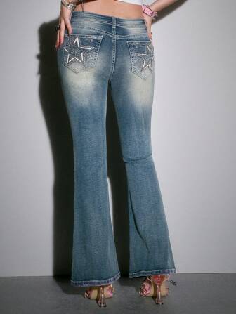 Hippie Jeans skinny de pierna acampanada con estampado de estrella degradado para mujeres