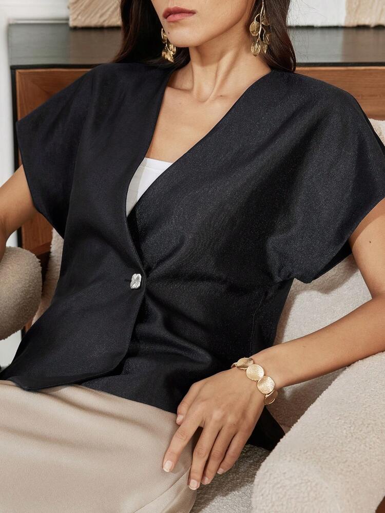 V-Neck Short Sleeve Ladies' Casual Satin Twill Shirt, Elegant Commuter With Oblique Placket Button Decor, Summer Business Casual Blouse