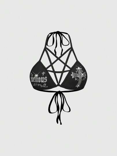 Goth Bikini da donna con top a canotta con stampa a stelle e croci, decorato con strass, con lacci e coppa a triangolo