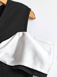 Breezaya Camiseta elegante de hombros descubiertos con decoración de moño en bloques de color - Negro - Ver 3