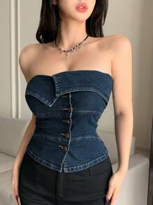 DAZY Women's Sexy Slim Fit Asymmetrical Button Front One Shoulder Denim Blouse, Summer