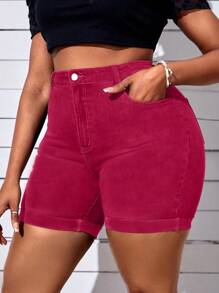 SHEIN SXY Damen Große Größen Denimshorts mit umgeschlagenem Saum, vielseitig einsetzbar, mit Taschen - Pink - Übersicht 4