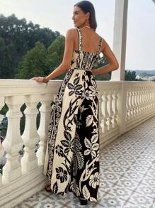 SHEIN VCAY Mono amplio de pierna ancha tejido con estampado para mujeres