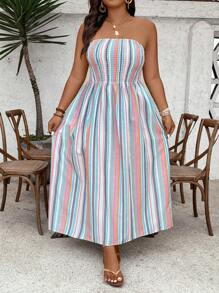 SHEIN VCAY 大码女式夏季彩色条纹抹胸 A 字长裙，自信装扮，休闲西部波西米亚长裙泳池派对装椰子女孩夏季波西米亚风别致波西米亚风格女装女士早午餐装女士机场装海滩度假装城市休闲装假日装女士西式服装女士西式服装女士加大欧洲夏季海岛度假装蜜月装女士老钱女士夏装女士夏装女士连衣裙优雅礼服女士连衣裙生日女士加大太阳裙 - 彩色 - 查看 7