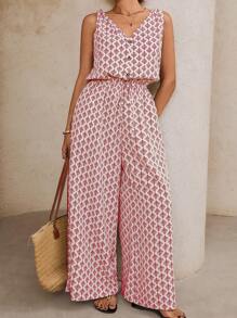 SHEIN VCAY Plus Size Women's All-Over Print Button Design Pocketed Wide Leg Jumpsuit, Suitable For Vacation - Red - View 5