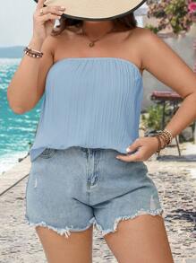 SHEIN VCAY Plus Size White Textured Fabric Loose Bralette Crop Top, Resort Casual Vacation Style, Valentine's Day - Baby Blue - View 6