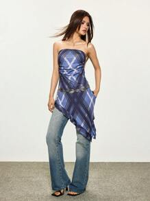 INAWLY Atasan Crop Asimetris Berumbai Motif Kotak-kotak Retro Y2K Musim Panas untuk Wanita - MultiWarna - View 2