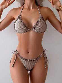 Swim Mod Women's Striped Nautical Patchwork Frill Trim Tie Front Bikini Set For Summer Beach Vacation - Brown - View 4