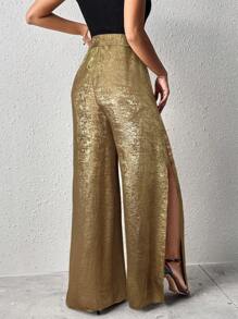 SHEIN LUNE Casual Women's Side-Slit Gold-Color Office Trousers