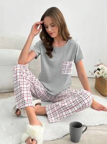 RueChic 棉质 2 件套 女士格子印花口袋细节白色上衣和裤子家居服睡衣套装 - 灰色 - 查看 1