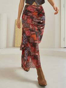 Dazy-Less Bohemian Geometric Print Ruffle Detail Skirt For Women, Summer - Red - View 6