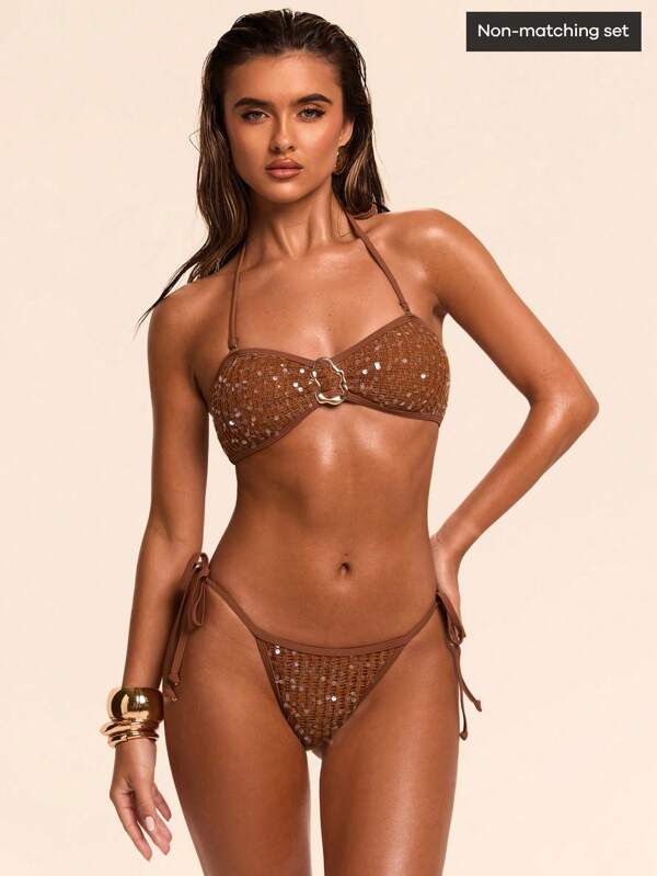 SHEIN BAE Traje de baño de mujer con Bottom mini, estilo vintage, elegante diseño con cordones laterales y lentejuelas, apropiado para fiestas y vacaciones de verano