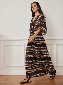 Dazy-Less Abito midi estivo da donna in stile boho, con scollo a V e vita, con stampe geometriche, a righe e a fantasia all-over