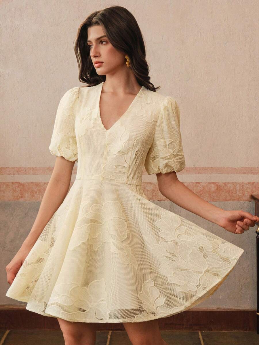 Anewsta Elegant Heavy Lace Floral Peplum Waist Short Dress, Boho Style, Spring/Summer - Apricot - View 1