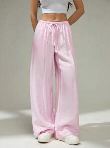 SHEIN PETITE Women Cute Pink Summer Low Waist Casual Loose Trousers Tie Waist Straight Loose Solid Color Casual Pants For Daily Wear - Pink - View 7