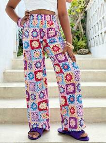 SHEIN Tween-Mädchen Lässige, gehäkelte, bunt bedruckte Hose mit geradem Bein, geeignet für Resort und Strand, Frühling/Sommer
