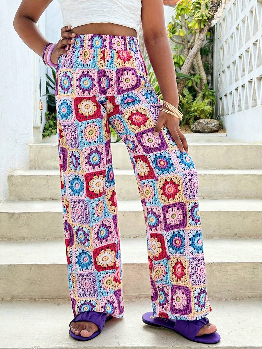 SHEIN Tween-Mädchen Lässige, gehäkelte, bunt bedruckte Hose mit geradem Bein, geeignet für Resort und Strand, Frühling/Sommer