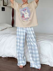DAZY 2pcs Rabbit Print Plaid Loose Shorts Sleeves Top And Long Pants Pajama Set For Women, Summer - Apricot - View 6